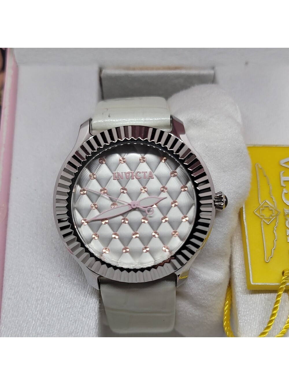 604 Invicta Angel Quartz  Featuring A Quilted Silver Dial And White Leather Str